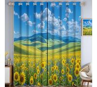 2 Panneaux Rideau Salon avec Paysage Champêtre,Ciel Bleu Champ De Tournesols Rideau à Oeillets,Décoration Interieur Rideaus Fenetre Chambre,Lot de 2 Rideaus,117L X 183H cm Jaune