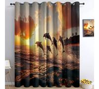 2 Panneaux Rideaux occultants 75 x 166 cm, Coucher De Soleil Océan Dauphins Nuages Imprimé Rideau À Oeillets pour Filles garçons Salon Chambre décor, Issu Doux et Infroissable, Or