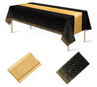 2 paquets/8 paquets, 1 pièce/4 pièces Nappes en plastique jetables et 1 pièce/4 pièces Ensemble de chemins de table en satin, Nappe à pois noirs et dorés, Chemin de table en satin doré pour décoration