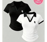 2 paquets Chemise Polo Imprimée Intégrale pour Filles & Top à Manches Courtes Blanc avec Col Polo Noir, Style Académique Doux et Cool, Motif Imprimé Cheval, Top Rayé Fruit Doux Polyvalent Ajusté Rétro