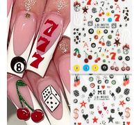 2 paquets d'autocollants pour nail art Y2K, motifs de cerises, léopard, étoiles, cartes de billard. Décorations d'ongles en plastique 3D autoadhésives, finition brillante, usage unique, aspect brodé, 