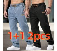 2 paquets de jeans droits détendus avec taille élastique à cordon de serrage, poches en biais, pour hommes L,M,S,XL,XXL,XXXLBlocs de couleur,Lettres,UnicoloreJean