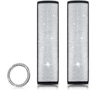 2 Paquets Housses de Ceinture de Sécurité Bling, Ceinture de Sécurité en Strass Cristal à Paillettes Épaulettes en Cuir avec Autocollant d'Anneau de Bouton de Démarrage