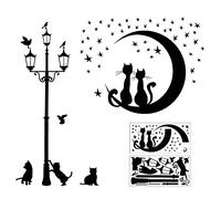 2 pcs autocollants muraux noirs chats ensemble auto-adhésif pour la décoration murale,lampadaire étoile chat stickers muraux collants peintures murales pour salon chambre d'enfant couloir fenêtre