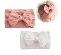 2 Pcs Bandeau Bandana pour bébé Bandeau en nylon pour bébé fille Bandeau avec nœud souple Bandeau élastique pour cheveux de nouveau-né (rose et blanc)