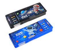 [2 PCS] boîte à Crayons Multifonction pour Fille et garçon, Belle boîte à Stylo de Dessin animé avec Serrure, Taille - Crayon, Calendrier, Tableau Blanc (Bleu + Noir)