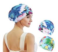 2 pcs Bonnet De Bain Femme Cheveux Long Adulte Bain Élastique Tissu Polyester Souple Bonnet de Natation (Fleurs Bleu-Vert)