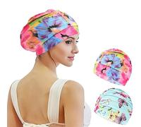 2 pcs Bonnet De Bain Femme Cheveux Long Adulte Bain Élastique Tissu Polyester Souple Bonnet de Natation (Papillon Rouge et Vert)