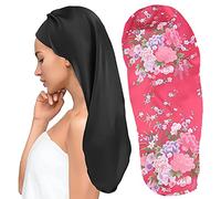 2 Pcs Bonnet de Nuit Satin Extra Long Chapeau Sommeil Élastique Réutilisable Capuchon pour Soin des Cheveux Femme Adapté Cheveux Longs Cheveux Bouclés (Noir,Rose)