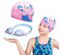 2 PCS Bonnets Dessin animé de Bain Mignons Enfants,Lunettes de Natation,Bonnet de Bain en Silicone,Lunette Piscine Elliptique,Bean Bonnet Piscine,pour Garçon Fille Cheveux Long Courts (Sirène)