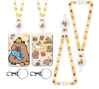 2 PCS Capybara Porte Badge, Capybara Cordon Tour de Cou avec Porte-cartes, Capybara Lanyard Strap Neck avec Swivel Lobster Clasp avec Poche Zippée pour Carte d'identité (Capybara Fish)