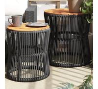 2 Pcs Garden Side Tables Set with Black Wood Top & Poly Rattan, Outdoor Coffee Tables for Patio, Terrace, Yard, Durable Acacia Wood & Powder Coated Steel Frame, Space Saving Nesting Design