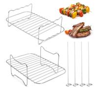 2 Pcs Grill de Friteuse à Air Chaud, Accessoire Air Fryer Grille de Cuisson Grille de Cuisson pour Friteuse à Grille pour Friteuses à AirAvec 4 Brochettes AirFryer Rack pour Friteuses à Double Panier
