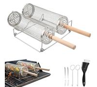 2 Pcs Grille Barbecue 30cm 29cm, Panier Barbecue Ronde Acier Inoxydable avec 2 Poignée Amovible Bois, 2 Crochets, 2 Fourchettes, Brosse, Supports, Paniers de Cuisson pour Accessoires Barbecue Viande