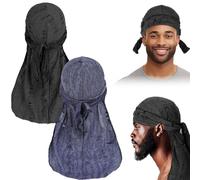 2 PCS Headwraps, Bandana de Pirate, Durag Cap, Head Bandanas, Accessoires de Costume de Capitaine Pirate pour Homme et Femme - Carnaval Halloween Cosplay Party (Noir + Bleu marine)