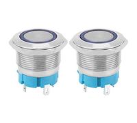 2 PCS Interrupteur a Bouton-Poussoir Interverrouillable Interrupteur de Verrouillage 4 Broches 22mm Trou de Montage IP65 Interrupteur en Métal Navire Voiture Modification(Bleu 12~24VDC)
