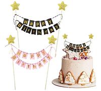 2 Pcs Joyeux Anniversaire Gâteau Topper, Bannière Bunting Cake Topper Glitter Cake Toppers Étoile Dorée Décoration De Gâteau D'anniversaire Gâteau Bruant Pour Gâteaux Cupcake Fête (Rose Et Noir)