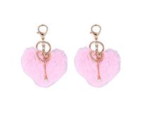 2 pcs Keychain en peluche de coeur, porte-clés de pom pom en forme de cœur pour clés de la voiture clés de sac à main (Rose)