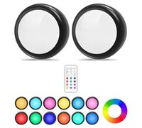 2 Pcs Lampe Placard de 1W, Lampe LED Veilleuse RGB 13 Couleurs Luminosité Lampe Murale Sans Fil Réglable pour Cuisine, Chambre,Coiffeuse,Couloir Alimenté par Batterie(non inclus) avec 1 Télécommande