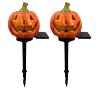 2 pcs Lumières solaires à Citrouille Creepy Fecy Feced Pumpkine Solar Halloween Lights avec pieu étanche Lumière Jaune Activé Halloween Lights Outdoor pour Yard Garden