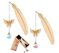2 Pcs Marque page plume en métal papillon personnalisable avec Fleur Sèche Perles de Verre Pendentif, Idéal Noel Cadeau maitresse Original Idee Accessoire Lecture Cadeau pour lecteurs femmes enfants