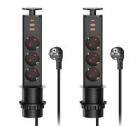 2 pcs - Multiprise Encastrable Bloc Prise Escamotable, Electrique 3 Prises avec USB C et 2 USB, Prise Plan de Travail Table, 4000W/16A, Ø 60mm Câble 1,8m - pour Cuisine Bureau Noir