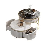 2 Pcs Nesting Coffee Table Living Room Table Sets Marble and Glass Table Top Sofa Side Nest of Tables Round End Tables with Metal Frame Home Decor Sets with Rotatable Drawers Black (White)