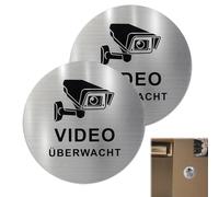 2 Pcs Pancarte Video Surveillance, Surface Ronde de 10 cm, Autocollants en Aluminium Brossé Panneau Camera Surveillance pour Les Lieux Publics, Les Familles, Ronds, Autocollants