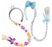 2 pcs Perruques Déguisement, Tressé Cheveux Extensions, perruques tressées longues avec fleurs et nœuds pour décoration de fête, costume de cosplay, cadeaux de fête d'anniversaire (F)