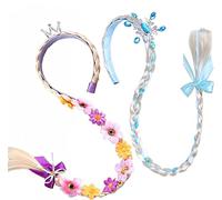 2 pcs Perruques Déguisement, Tressé Cheveux Extensions, perruques tressées longues avec fleurs et nœuds pour décoration de fête, costume de cosplay, cadeaux de fête d'anniversaire (E)