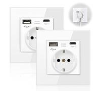 2 PCS Prise Murale avec USB et 1 Type C, Multiprise Murale avec USB (MAX 3.1A), avec Protection Contre Les Surintensités, Prise Universelle Electrique