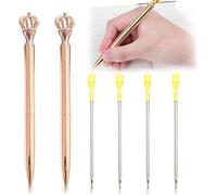 2 Pcs Retractable Crown Ballpoint Pen Crystal Crown Black Ink Pen With 4 Pieces Replaceable Black Ink For Office/Stationery/School/Student