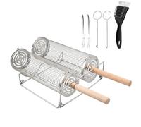 2 Pcs Set Barbecue 30cm 29cm, Upgrade Opening, Grille Barbecue Ronde Acier Inoxydable avec 2 Poignée Amovible Bois, 2 Crochets, 2 Fourchettes, Brosse, Supports, Panier Cuisson pour Accessoires Viande