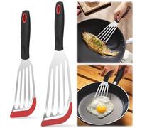 2 pcs spatules à poissons,avec bord en silicone résistant à la chaleur, en acier inoxydable,pour la cuisine, le poisson, l'œuf, la viande (noir et rouge, 2 pièces)
