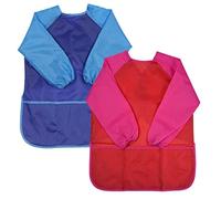 2 Pcs Tablier Peinture Enfant, Imperméable Blouse de Peinture avec Manches Longues et 3 Poches, Smock d'Art pour 3-7 Ans Enfants L'école Activités, Cuisine, Nourrissage, Bleu & Rouge (Petit)
