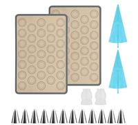 2 Pcs Tapis de Cuisson en Silicone pour Four Macarons,Tapis et Feuilles de Cuisson Antidérapants pour Macarons Biscuits Patisserie Accessoire,42 x 29 cm,12 Douilles,2 Poches à Douille,2 Connecteurs