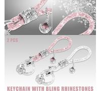 2 Pcs Voiture Faux Crystal Porte-clés Anneau Pierre du Rhin Clé Rose Argenté