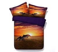 2 Personnes 3D Mer Dauphin Housse de Couette avec Fermeture éclair, Luxe 3 Pièces Bleu Couverture de Lit avec Taie d'oreiller (Sauteurs Dauphins, 220_x_240_cm)