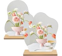 2-Piece Acrylic Makeup Mirror, Frameless Irregular Decorative Mirror, Small, Table Mirror With Wooden Base For Bedroom, Living Room, Hotels Bedrooms Decoration (Wood, M)
