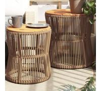 2-Piece Garden Side Table Set with Wooden Top and Poly Rattan, Beige Outdoor Coffee Tables for Patio, Yard, Terrace, Durable Acacia Wood & Powder-Coated Steel Frame, Space-Saving Nesting Design