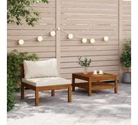 2-Piece Outdoor Sofa Set with Cream White Cushions, Solid Acacia Wood Garden Furniture, Weather-Resistant Modular Patio Seating for Terrace & Backyard, Includes Coffee Table & Comfortable Pillows
