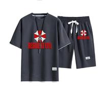 2 Piece Sportswear Men's Short Sleeve Set Resident Evil Umbrella Printed Summer T-Shirt Casual Suit Set Round Neck T-Shirt Casual Jogging Suit, Gray-3XL