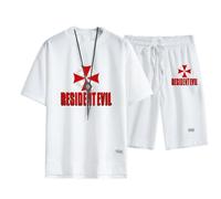2 Piece Sportswear Men's Short Sleeve Set Resident Evil Umbrella Printed Summer T-Shirt Casual Suit Set Round Neck T-Shirt Casual Jogging Suit, White-XXL