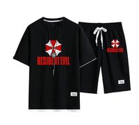2 Piece Sportswear Men's Short Sleeve Set Resident Evil Umbrella Printed Summer T-Shirt Casual Suit Set Round Neck T-Shirt Casual Jogging Suit,Black-XL