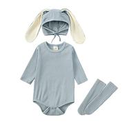 2 Piece Tunic Top Shorts Set Nouveau né Infantile bébé garçons Filles Lapin Tenues côtelé Body Barboteuse avec Long Lapin Oreille Chapeau Chaussettes Ensemble de vêtements (Blue, 0-3 Months)
