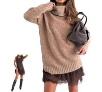 2 Piece Women's Turtleneck Sweater Mini Dress Set, Combining a Soft Sweater Dress with an Elegant Lace-Trim Slip，2026 Turtleneck Skirt Set (Khaki,12TG)