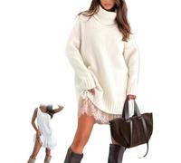 2 Piece Women's Turtleneck Sweater Mini Dress Set, Combining a Soft Sweater Dress with an Elegant Lace-Trim Slip，2026 Turtleneck Skirt Set (White,13TG)