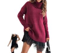 2 Piece Women's Turtleneck Sweater Mini Dress Set, Combining a Soft Sweater Dress with an Elegant Lace-Trim Slip，2026 Turtleneck Skirt Set (Red,14TG)