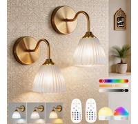 2 pièces/1 pièce Applique murale à batterie, sans câblage requis, lampe murale rechargeable et gradable avec ampoule RGB et télécommande, corps en or brossé avec abat-jour acrylique blanc minimaliste,