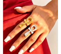 2 pièces/1 pièce Ensemble de bagues avec symbole Ankh plaqué or 18 carats, bague ouverte en acier inoxydable 304, bijoux de style égyptien mystique pour femmes, bagues de marque, hypoallergéniques, co